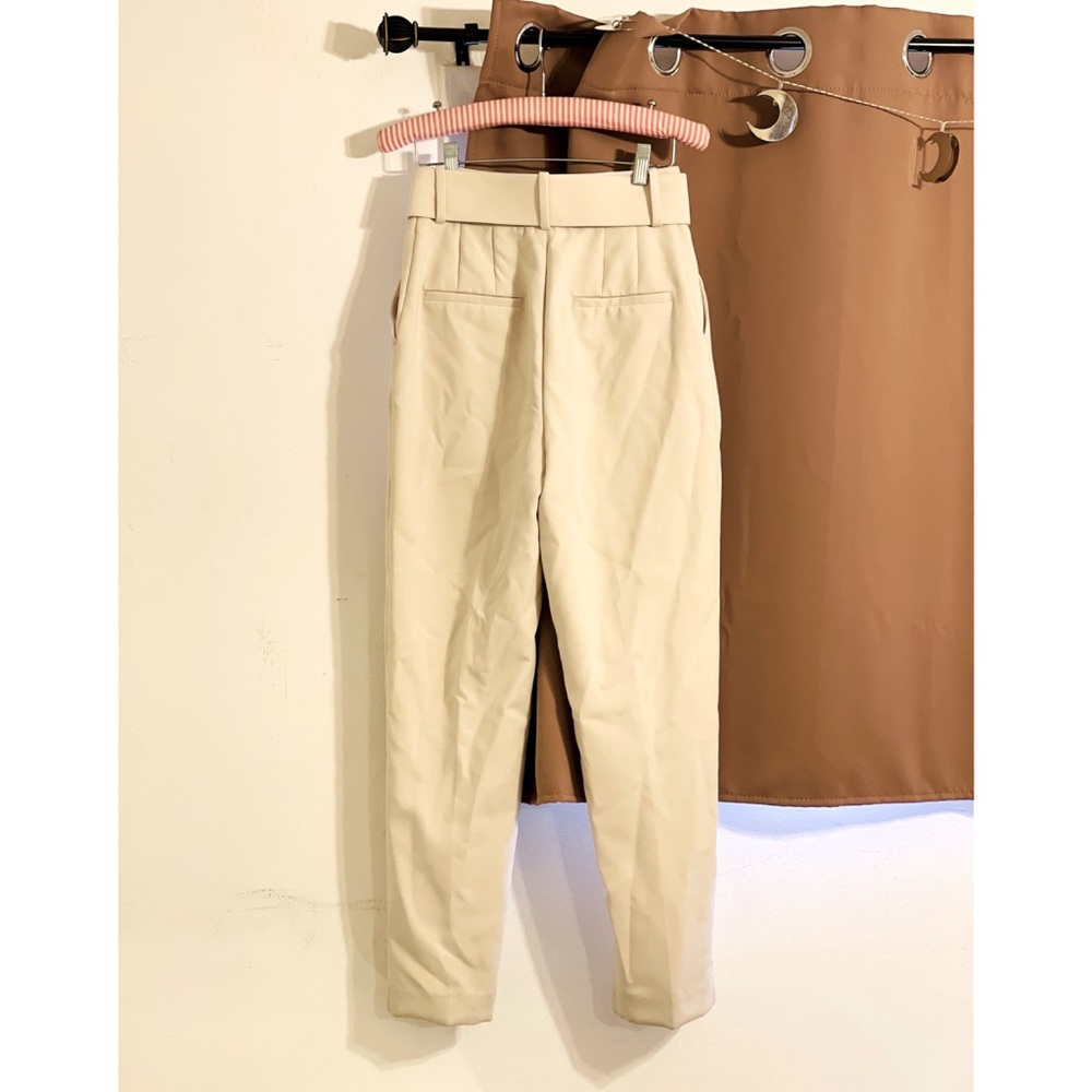 ZARA Beige Belted High Waist Tapered Trouser Pants - Picture 9 of 9